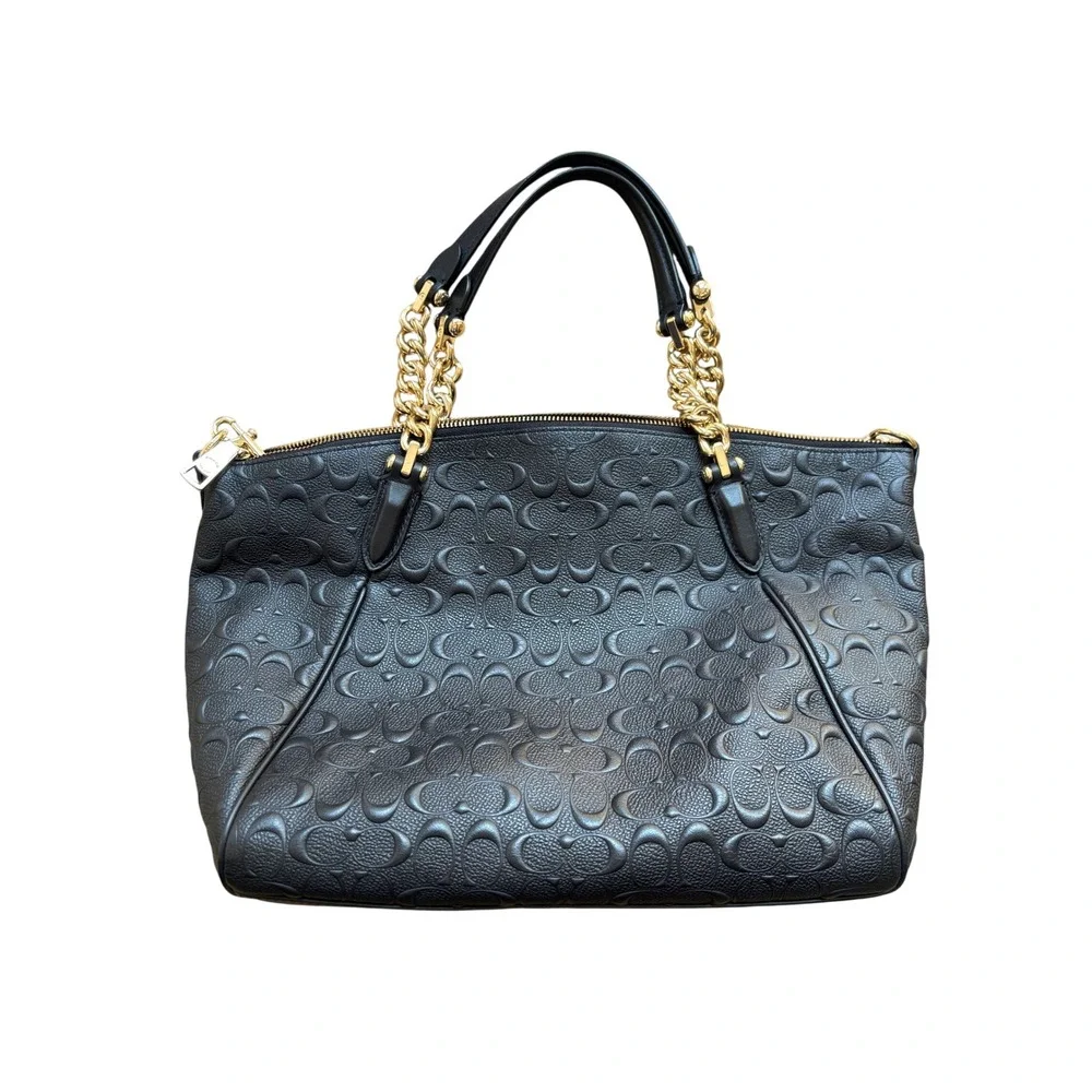 Coach Black Embossed Signature Leather Small Kelsey Satchel Gold Chain Detail - Picture 13 of 14